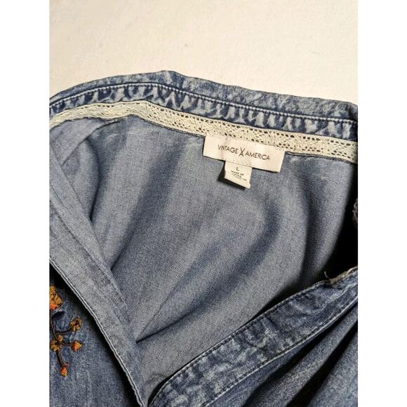 Vintage X America Womens Distressed Chambray Embroidered Jacket Sz L Bust41" - Picture 6 of 11